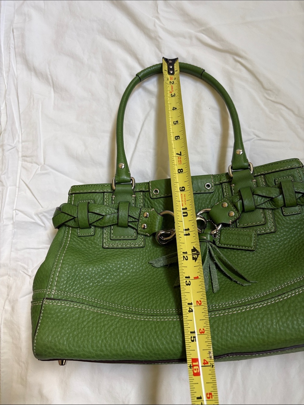 Coach Hamptons Green Pebbled Leather Braided Tassel Satchel F13084 - Picture 9 of 11